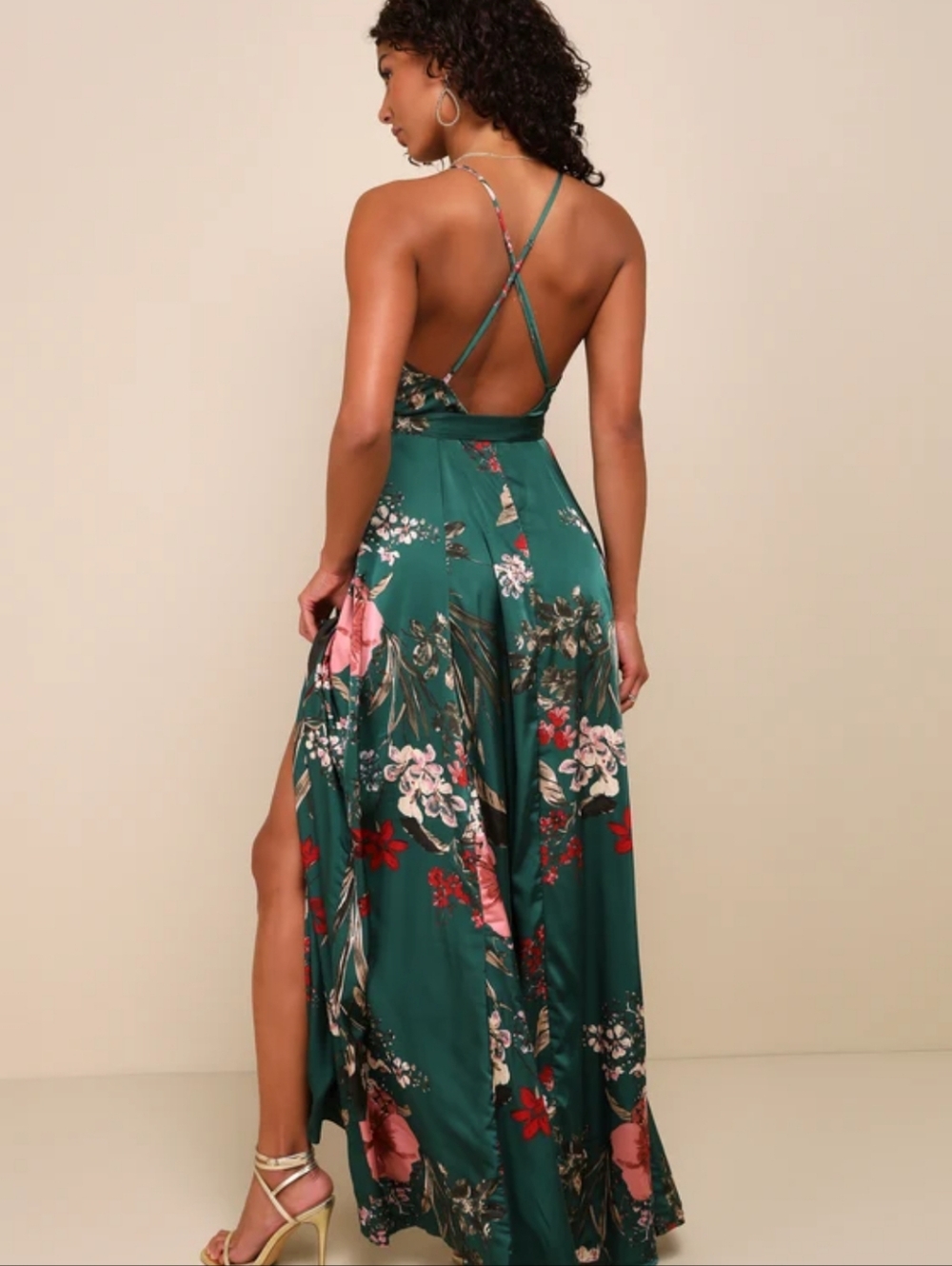 Lulu's Deep Emerald Green Floral Slip Dress with Pink Detail Large - Picture 2 of 4